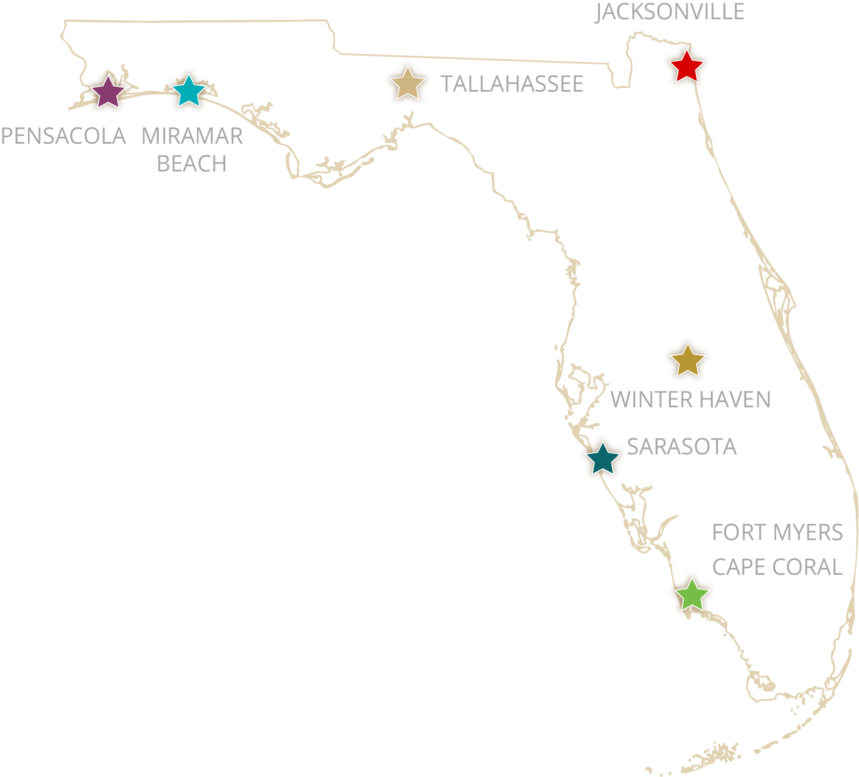Map of Florida featuring Pensacola, Miramar Beach, Tallahassee, Jacksonville, Winter Haven, Sarasota, Fort Myers, and Cape Coral locations.