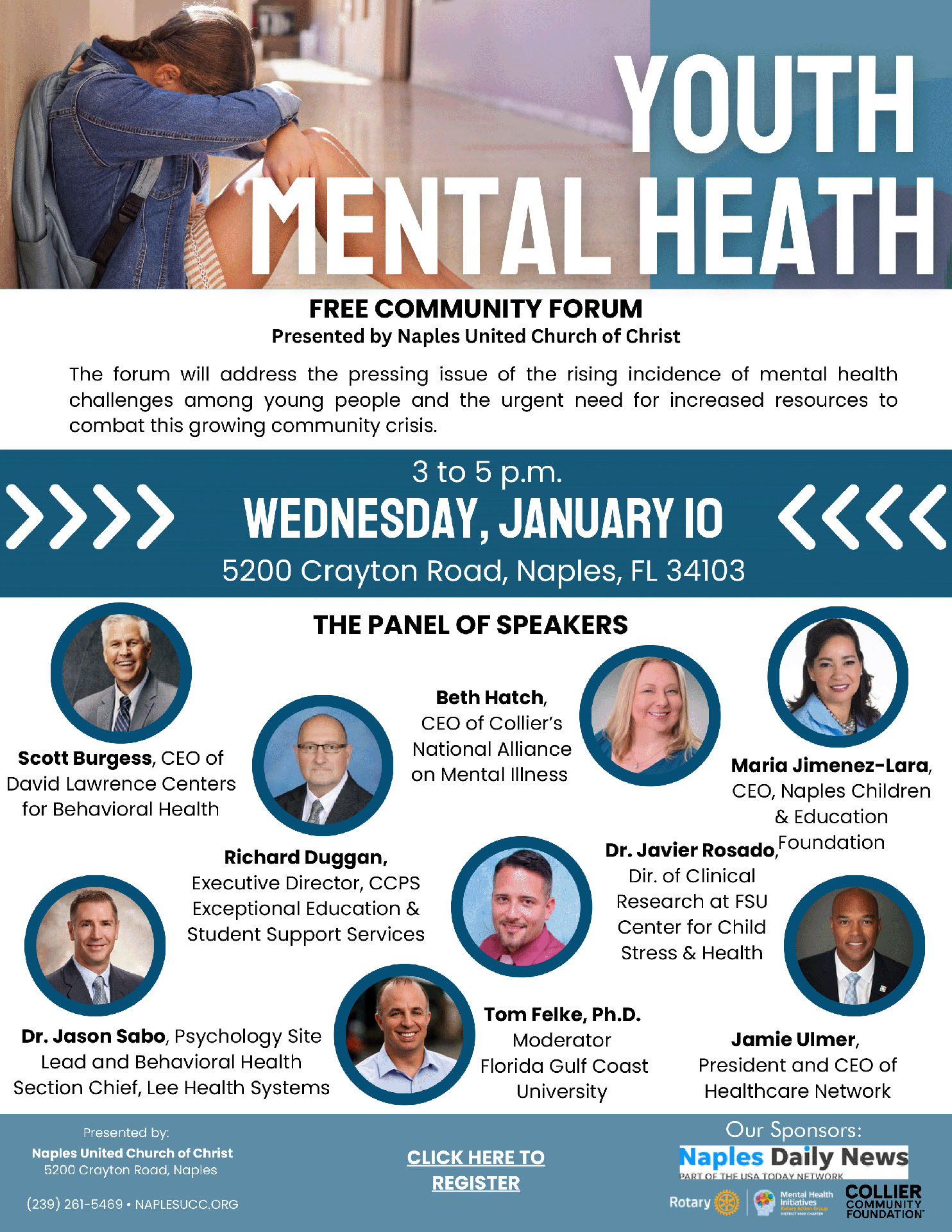 Youth Mental Free Community Forum, Presented by Naples United Church of Christ - 3 to 5 PM on Wednesday, January 10th, on 5200 Crayton Road, Naples, FL, 34103