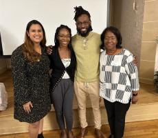 Pictured L-R: CO 2023 PA students Marilyn Ramirez and Hermaley Lubin, Omari Maynard, Guest Speaker from the 2022 documentary film, Aftershock, Juliette Lomax-Homier, MD, Campus Dean