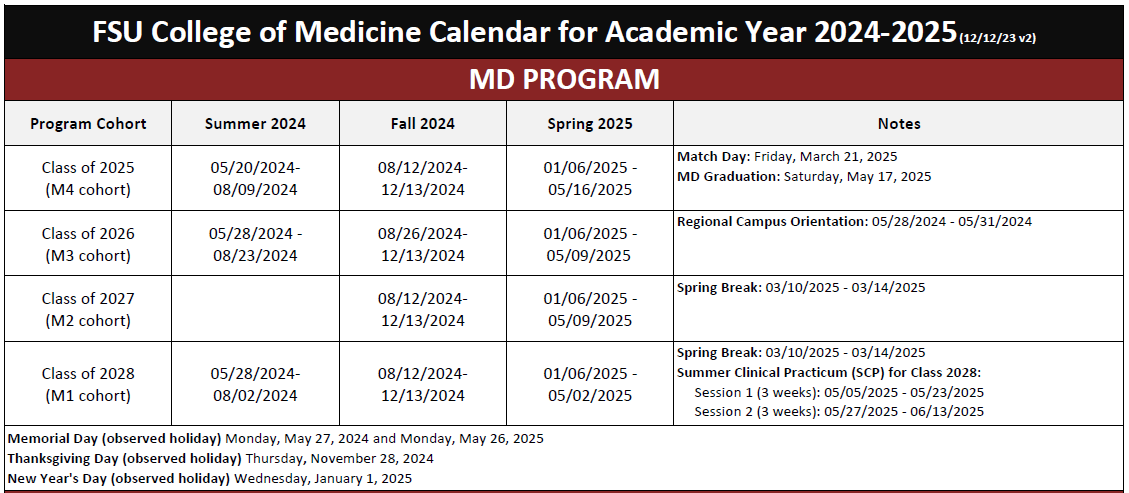 MD Program Calendar