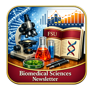 Image shows a drawing of assorted lab equipment including a microscope, beaker, test tube, pens, and notebook. It is on a blue background with a DNA strand and a bar chart. The bottom of the image says "Biomedical Sciences Newsletter" in a white font on a field of garnet. 