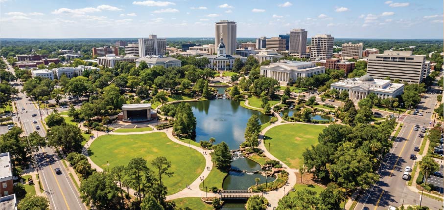 Arial view of Cascades park and downtown Tallahassee