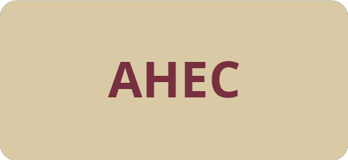The acronym "AHEC" is centered in maroon capital letters on a solid tan rectangular background.