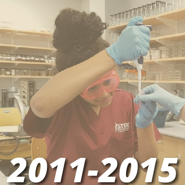 20011-2015. Student in gloves, scrubs, and goggles using a pippet in the lab