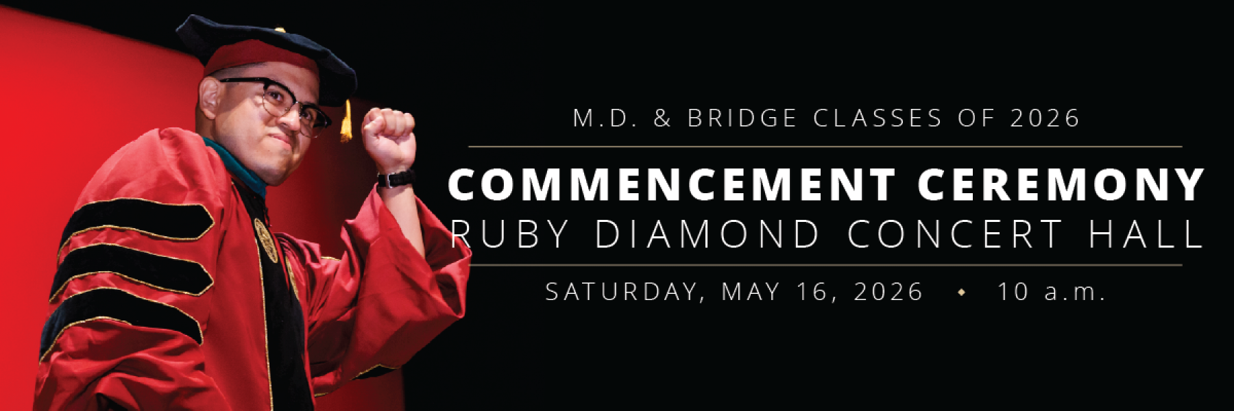 2026 Commencement Announcement Banner with young graduate fist-pumping.