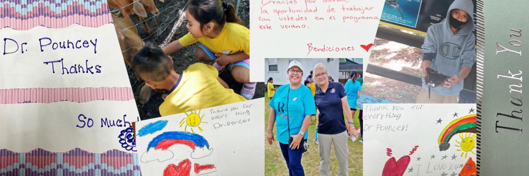 A collage of photos from the 2022 Full Summer School includes some of the children's thank-you notes, photos of field trips to a local farm and the Coastal Marine Lab, and, in center, a photo of Maria Pouncey, left, and Susan LaJoie at one of the field days.