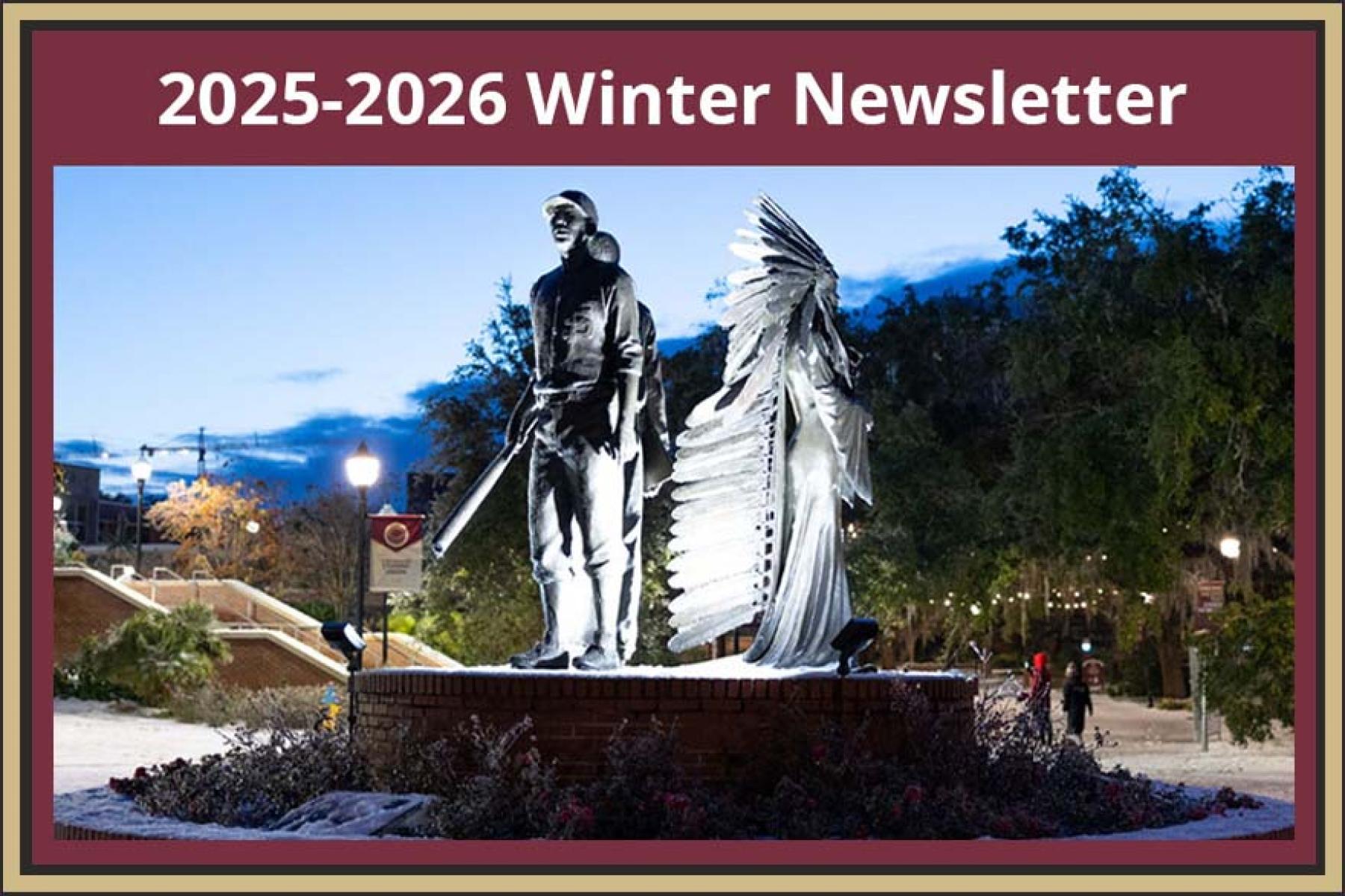 A newsletter cover for winter 2025-2026 featuring a lit-up sculpture of a baseball player and an Indigenous person in traditional regalia.