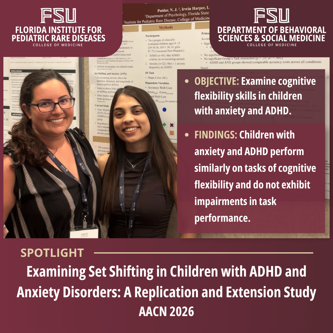 Two researchers smiling in front of a poster presentation titled "Examining Set Shifting in Children with ADHD and Anxiety Disorders" for AACN 2026.