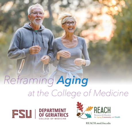 Logo for Reframing Aging has a photo of active seniors jogging