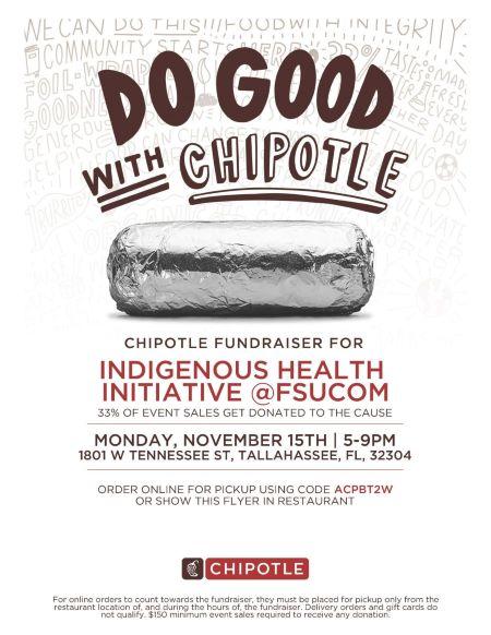 Flyer with a picture of a burrito wrapped in foil with the text "Do Good with Chipotle" as well as instructions for participating. Instructions are also contained in the text of this webpage. 
