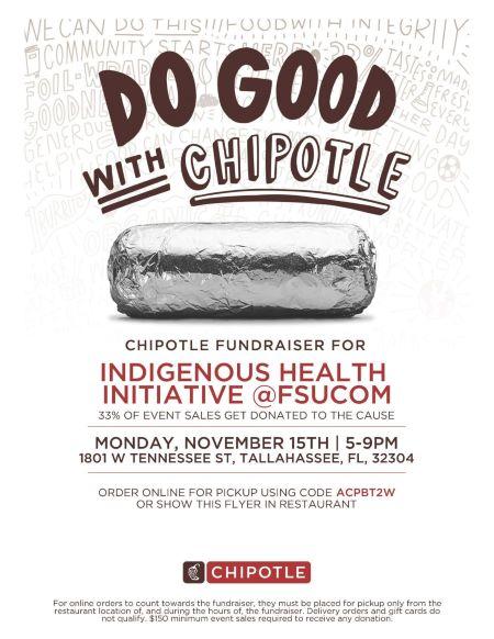 Flyer with a picture of a burrito wrapped in foil with the text "Do Good with Chipotle" as well as instructions for participating. Instructions are also contained in the text of this webpage.