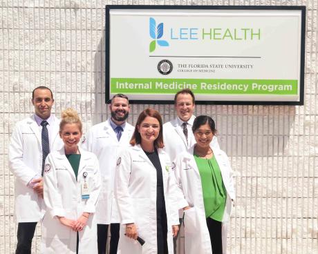 Physician faculty members in the FSU College of Medicine Internal Medicine Residency Program at Cape Coral Hospital/Lee Health. Front row, left to right, Dr. Madeline Deutsch, Dr. Maja Delibasic, Dr. Hannah James. Back row, left to right, Dr. Nabil Benhayoun, Dr. Dustin Begosh-Mayne, Dr. Jordan Taillon.