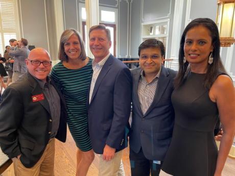 Dr. David O'Bryan, Clerkship Director for OB, Dr. Melissa Bruhn, OB/GYN, and recipient of the Outstanding Clerkship Faculty Educator Award, with her husband Donald Bruhn, Dr. Sandeep Rahangdale, Tallahassee Regional Campus Dean, and Dr. Arasi Thangavelu, Wellness Medical Clinic.