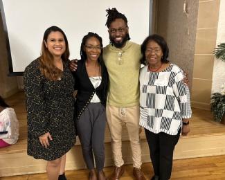 Pictured L-R: CO 2023 PA students Marilyn Ramirez and Hermaley Lubin, Omari Maynard, Guest Speaker from the 2022 documentary film, Aftershock, Juliette Lomax-Homier, MD, Campus Dean