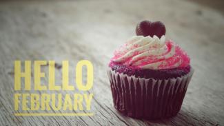 Chocolate cupcake with white frosting, pink sprinkles, and a chocolate heart sitting on a piece of wood. The caption says "Hello February" in yellow block letters.